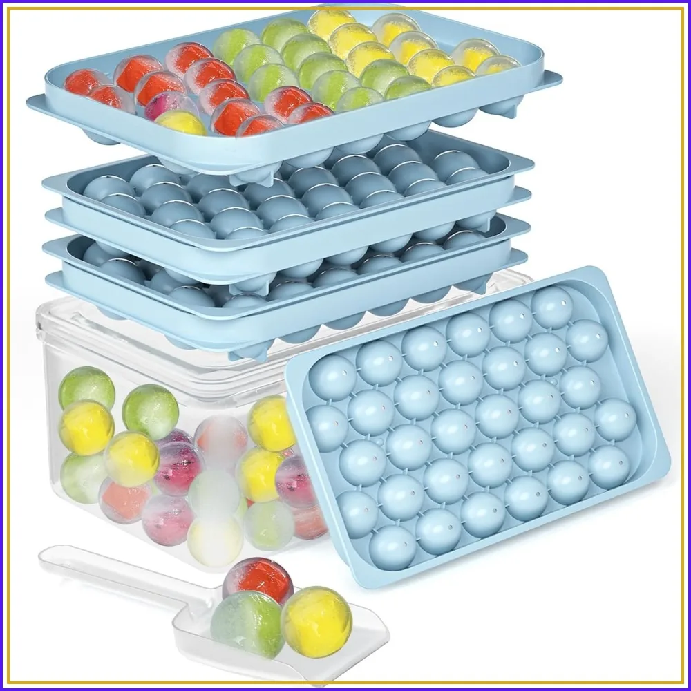 Mini moldes para bolas de hielo con tapa y contenedor, sin BPA, moldes esféricos de 0.8 pulgadas, fácil desmolde, incluye cuchara, paquete de 2 para cócteles y café