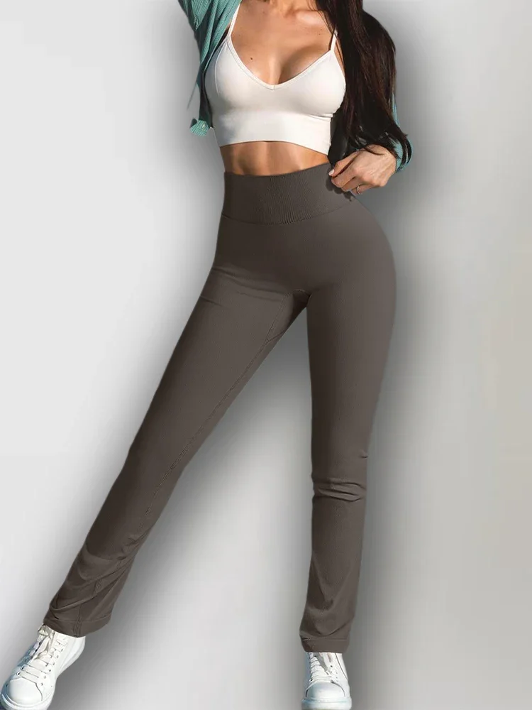 Solide Leggings für Damen, nahtlos gestrickte Yogahose, ausgestellte Hose, hohe Taille, Hüftstrumpfhose, schmale, lässige Sport-Leggings