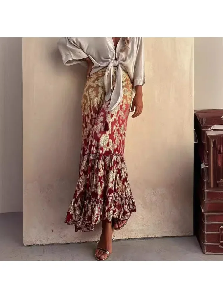 Women Gradient Fashion Half Length Dress INS Casual Loose Vacation Half Length Dress Women\'s Spliced Bohemian Super Long Skirt