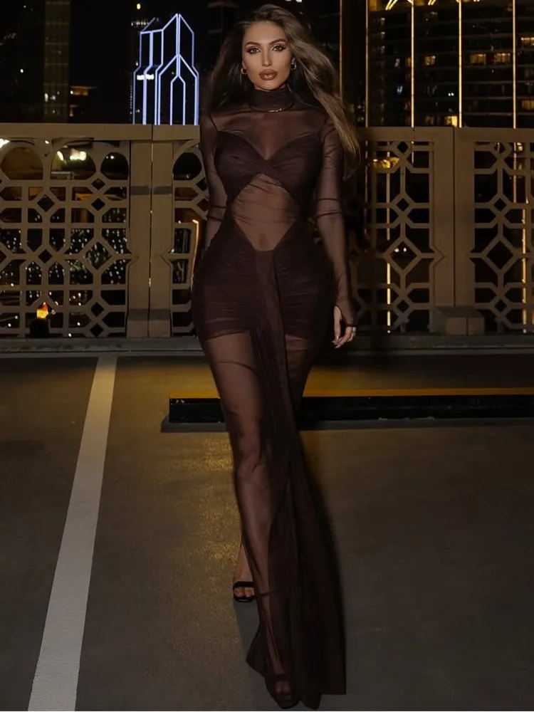 Arctic Cat Elegante Mesh Patchwork Lange Mouw Bodycon Jurk Vrouwen Sexy Sheer Sbodycon Geplooide Party Club Avondjurk Nieuwe Vestidos