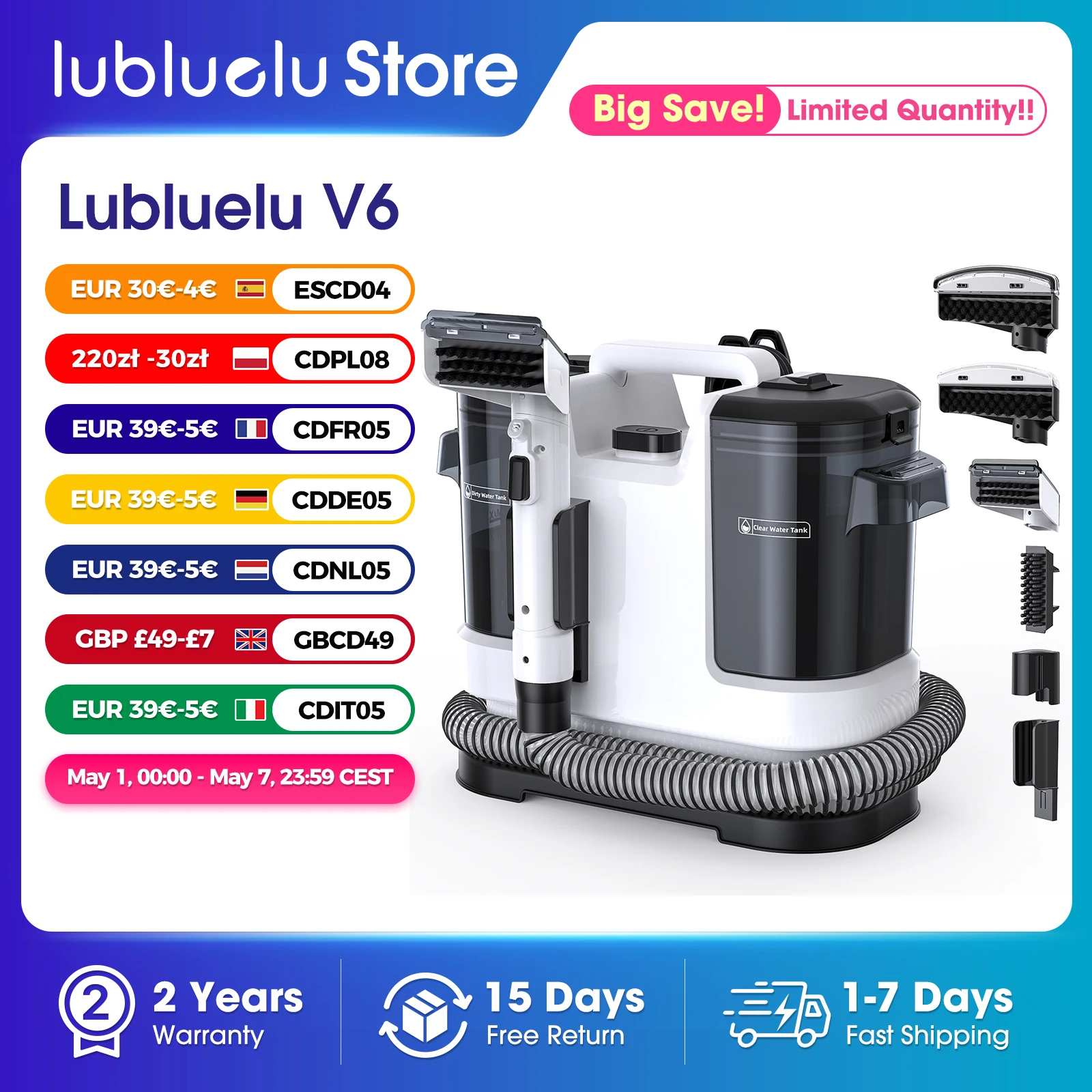 Nettoyeur de tapis Lubluelu V6, puissant 15 kPa, réservoirs doubles de 1,75 L, cordon de 5 m, tuyau de 1,7 m - Nettoyage en profondeur des canapés, des matelas, des sièges de voiture, des taches