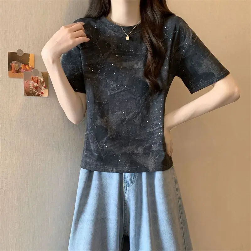 T-shirt z krótkim rękawem dla kobiet z przodu na ramię American Summer New Retro Contrast Top