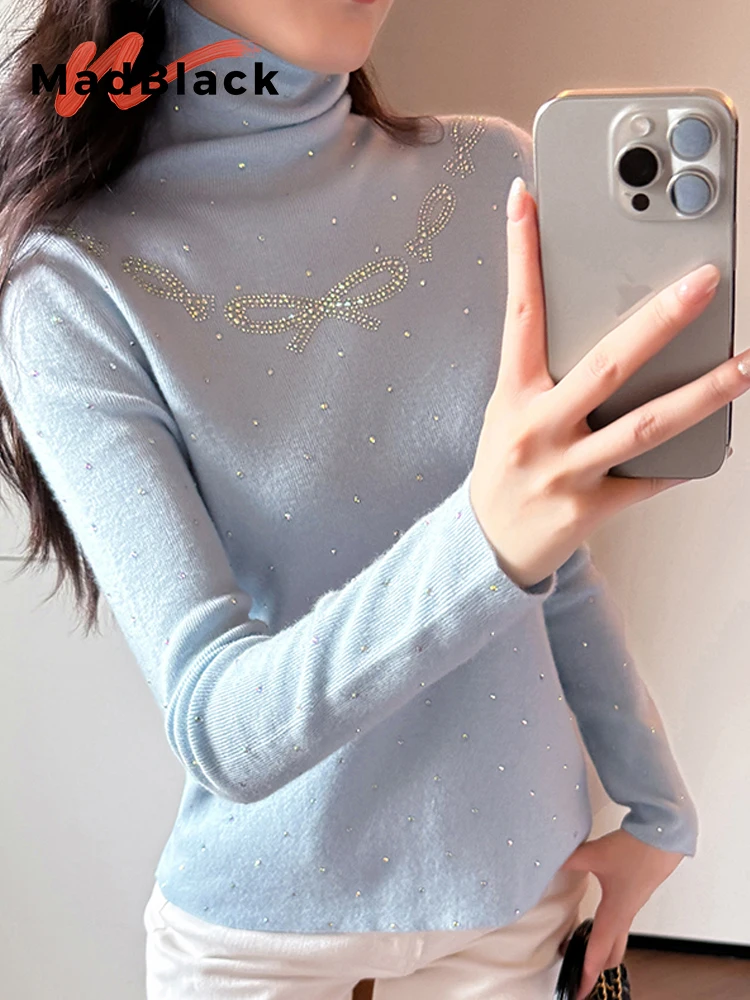

MadBlack-Women's European Sweater, Sexy Turtleneck Bow Diamond, Fashion Long Sleeve Slim Knitwear, 2025 Autumn Winter T5O846CC