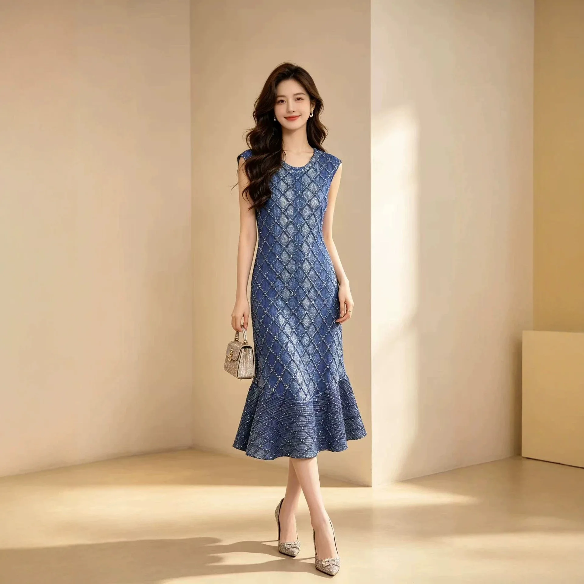 Miyake Plaid Printting Pleated Imitation Denim Dress for Women 2025 Chic New Round Neck Sleeveless Famale Clothing Chic