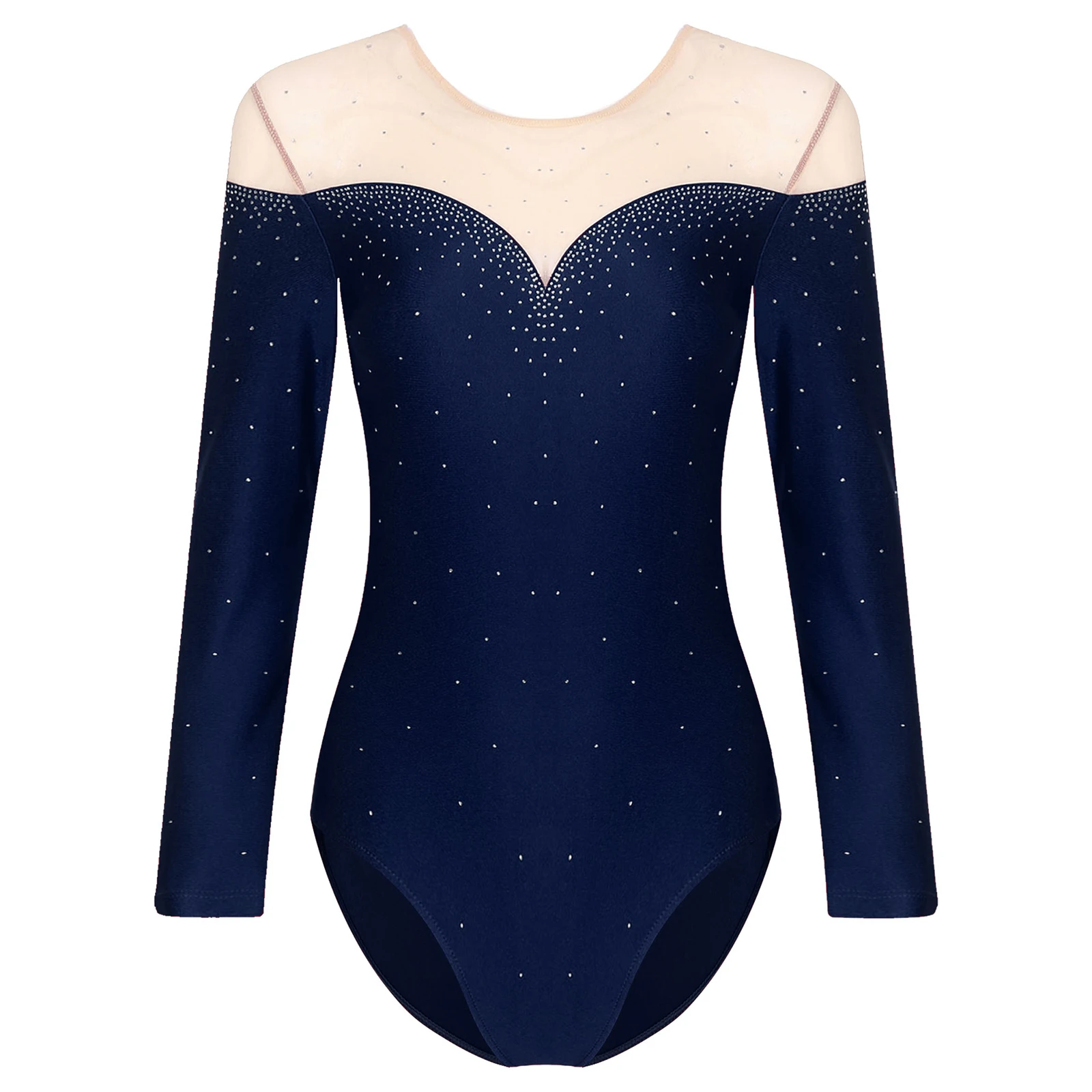 Women Figure Skating Dance Leotard Ballet Gymnastics Acrobatics Clothes Long Sleeve Rhinestone Sheer Mesh Bodysuit Dancewear