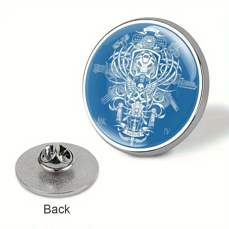 Round Metal Lapel Pin Blue Background Mechanical Helmet Skull Wing Print Brooch Backpack Hat Clothes Decor Badge Gift