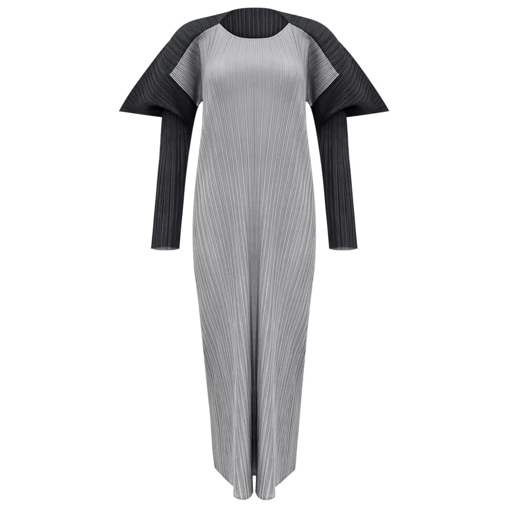 Miyake 2025 vestido feminino de manga comprida com chifres e bloco colorido, comprimento médio, bainha dividida, saia de camada base para primavera e outono