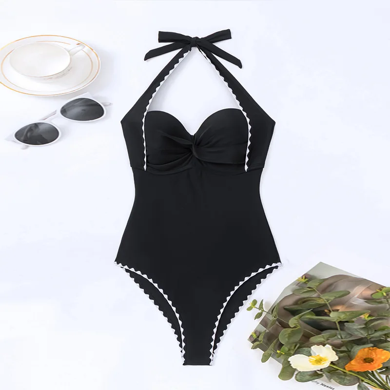 2025 New Women Halter One-piece Bikini Set Sexy Female Bandage Swimsuit Cross Tight Backless Swimwear Push Up Beach Bathing Suit