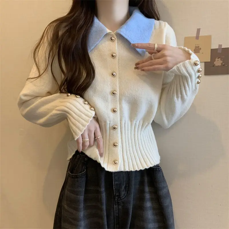 Polo Collar Knitting Cardigan Women Autumn Winter Simplicity Office Lady Solid Color Sweater Fashion All-match Knitwear Tops