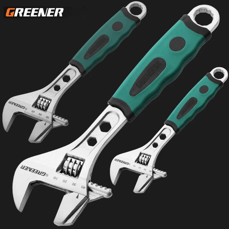 GREENER 8-12 Zoll Verstellbarer Schraubenschlüssel aus CR-V-Stahl, große Maulöffnung 28-40 mm, Mehrzweckschlüssel mit Sechskantlöchern für Auto-, Sanitär- und Heimreparaturen