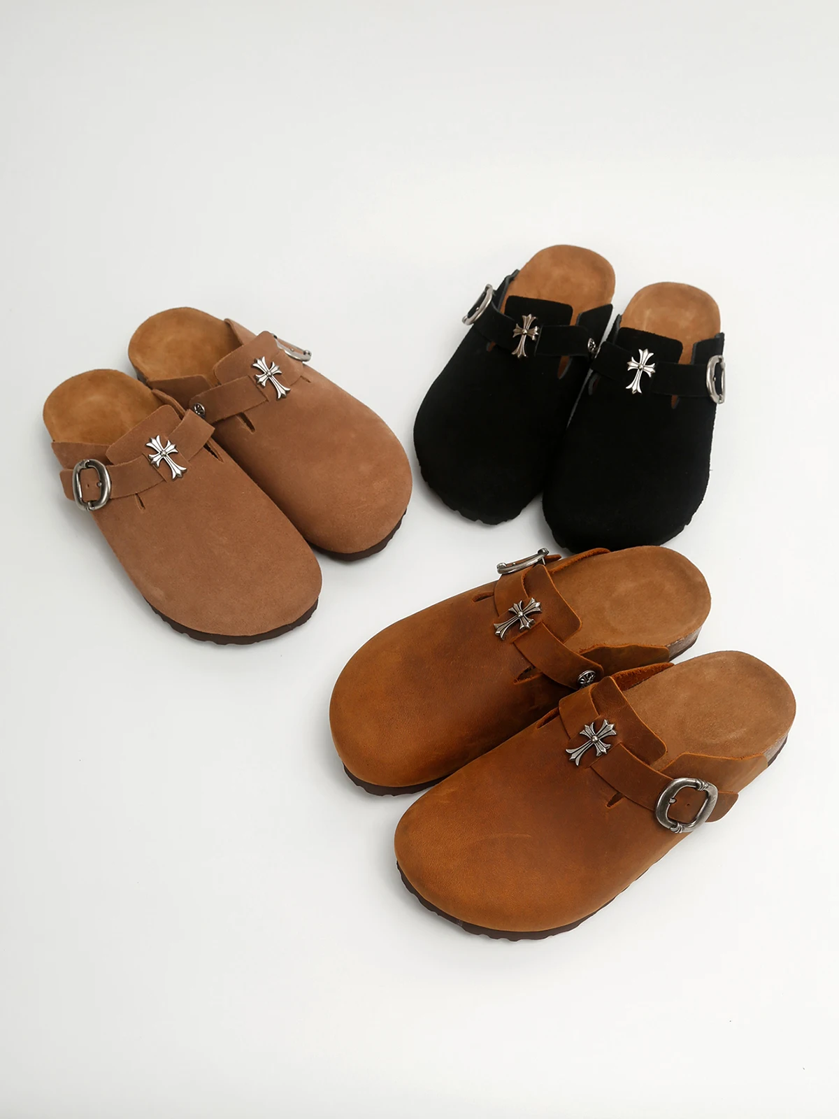 Unisex Metal Buckle Slippers Thick Bottom Soft Wood Clog Shoes Lazy Person Slip-On Moccasins Casual Style round Toe Slippers