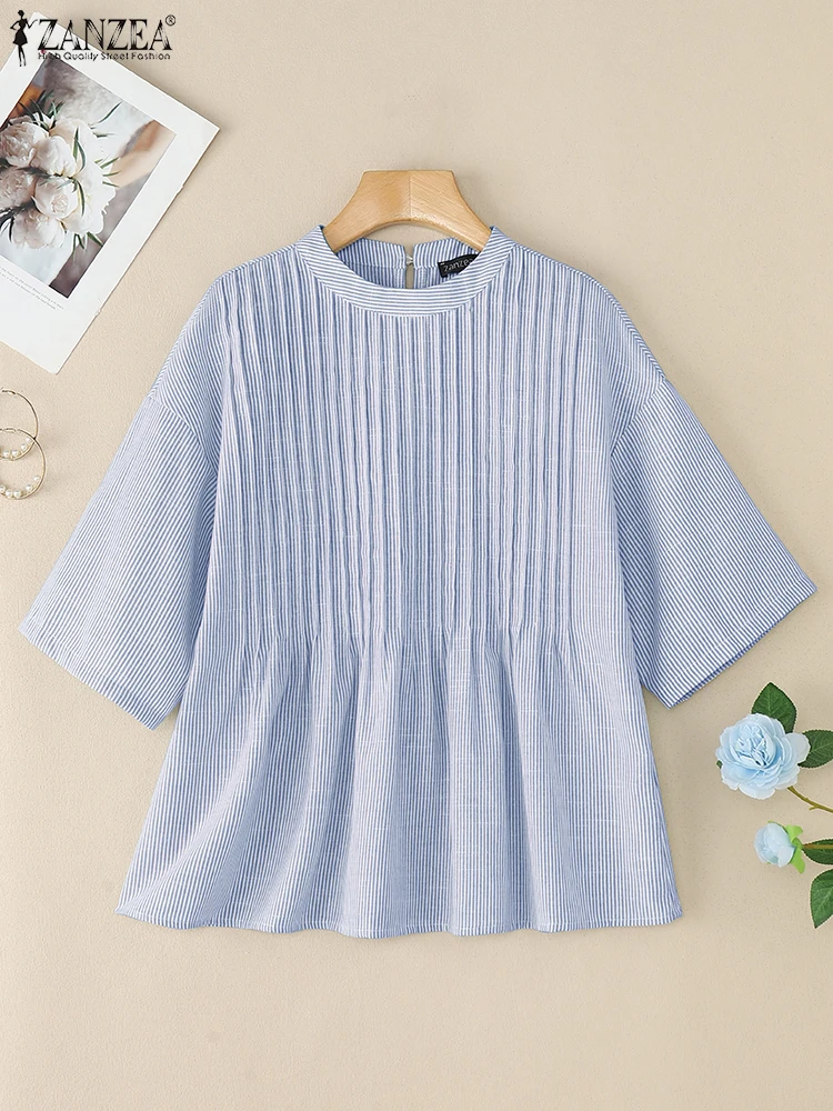 

ZANZEA Women Pintuck Striped Blouses Summer 2025 Casual Mandarin Collar Drop-Shoulder Short Sleeve Tops Streetwear Blusas Mujer
