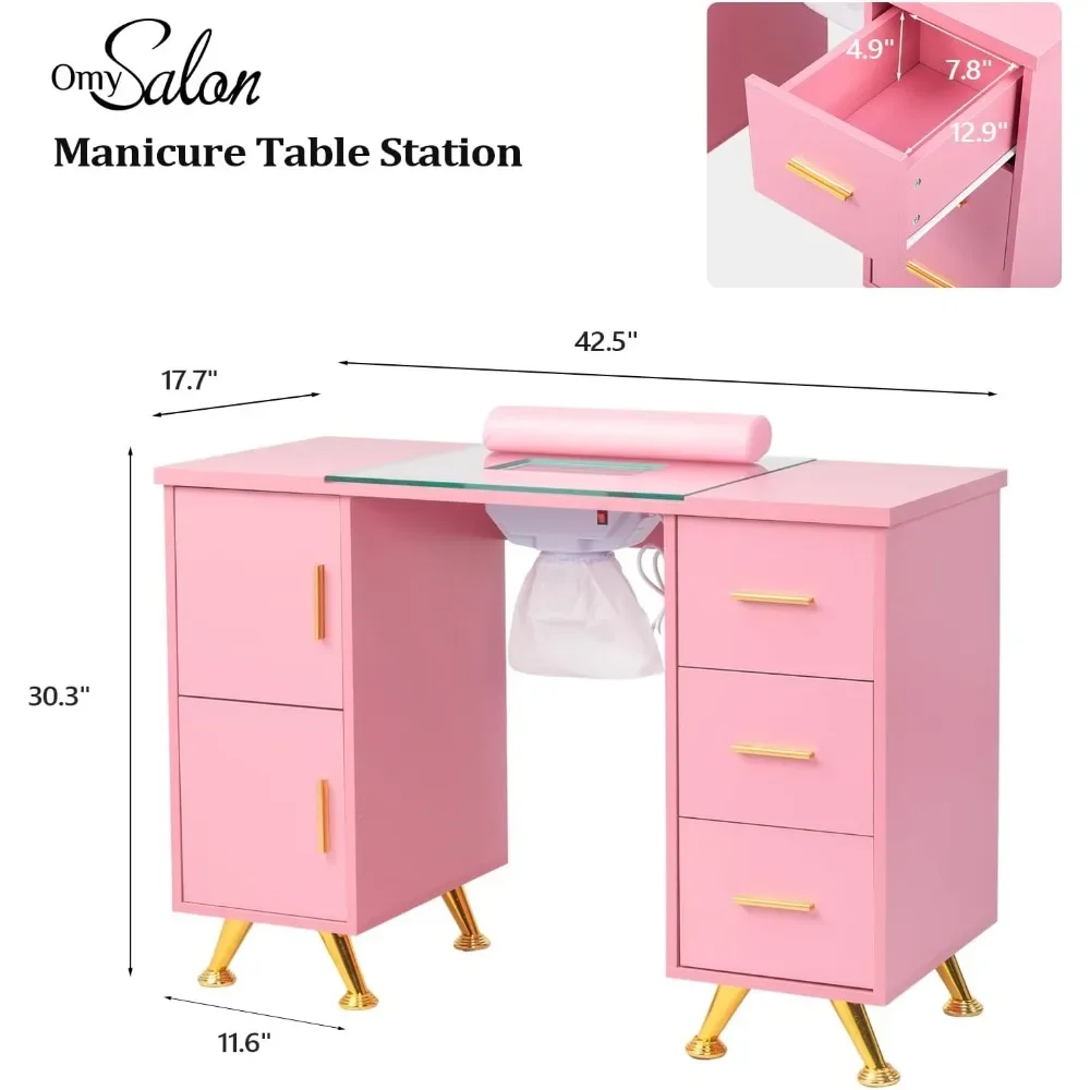 Manicure Table Nail Desk for Nail Tech w/Glass Top & Wrist Rest, Beauty Salon Nail Supplies Decor Workstation Acetone Resistant