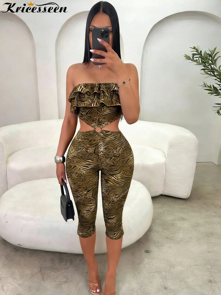 

Kricesseen Sexy Animal Pattern Jumpsuit Women Ruffled Tube Top Romper Hollow Mid-Calf Pants Bodycon Mesh Overalls Party Jumpsuit