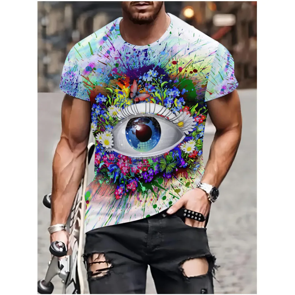 Funny 3D Colorful Smart Eye Print T Shirt For Men Summer Hip Hop Trend Streetwear Casual O-neck Short Sleeve Fashion Loose Tops