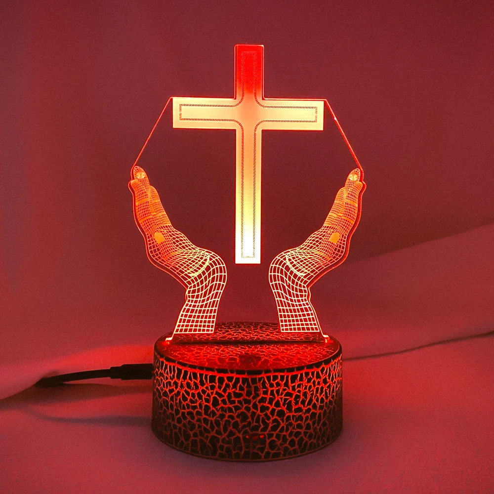 พระเยซู CROSS 3D LED Night Light สําหรับเพื่อนคริสต์มาสอีสเตอร์ตกแต่งห้องของขวัญ Crucifix ภาพลวงตาโคมไฟตั้งโต๊ะ Nightlight