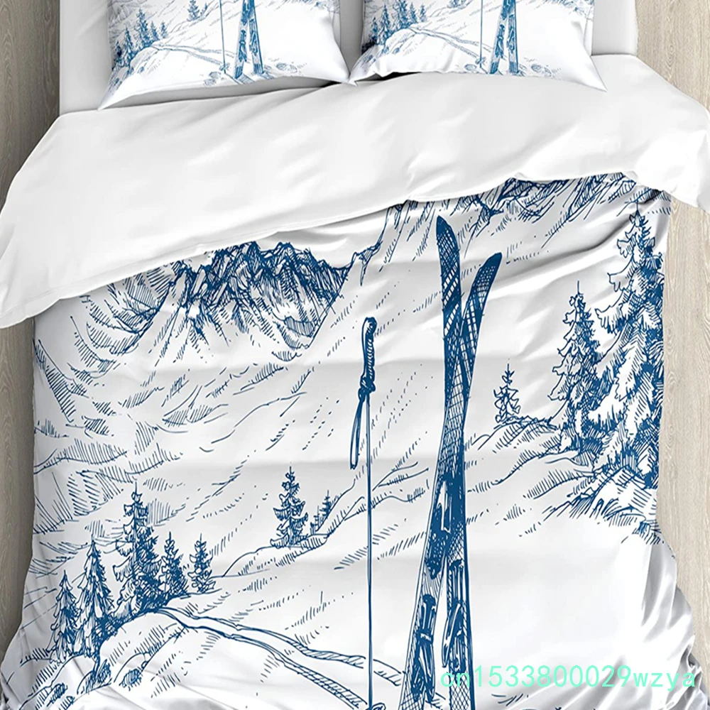 3pcs Bedding Set White Snow Cable Car Ski Mountain Sketch Duvet Cover Pillow Case Boy Kid Teen Girl Bedding Covers Set