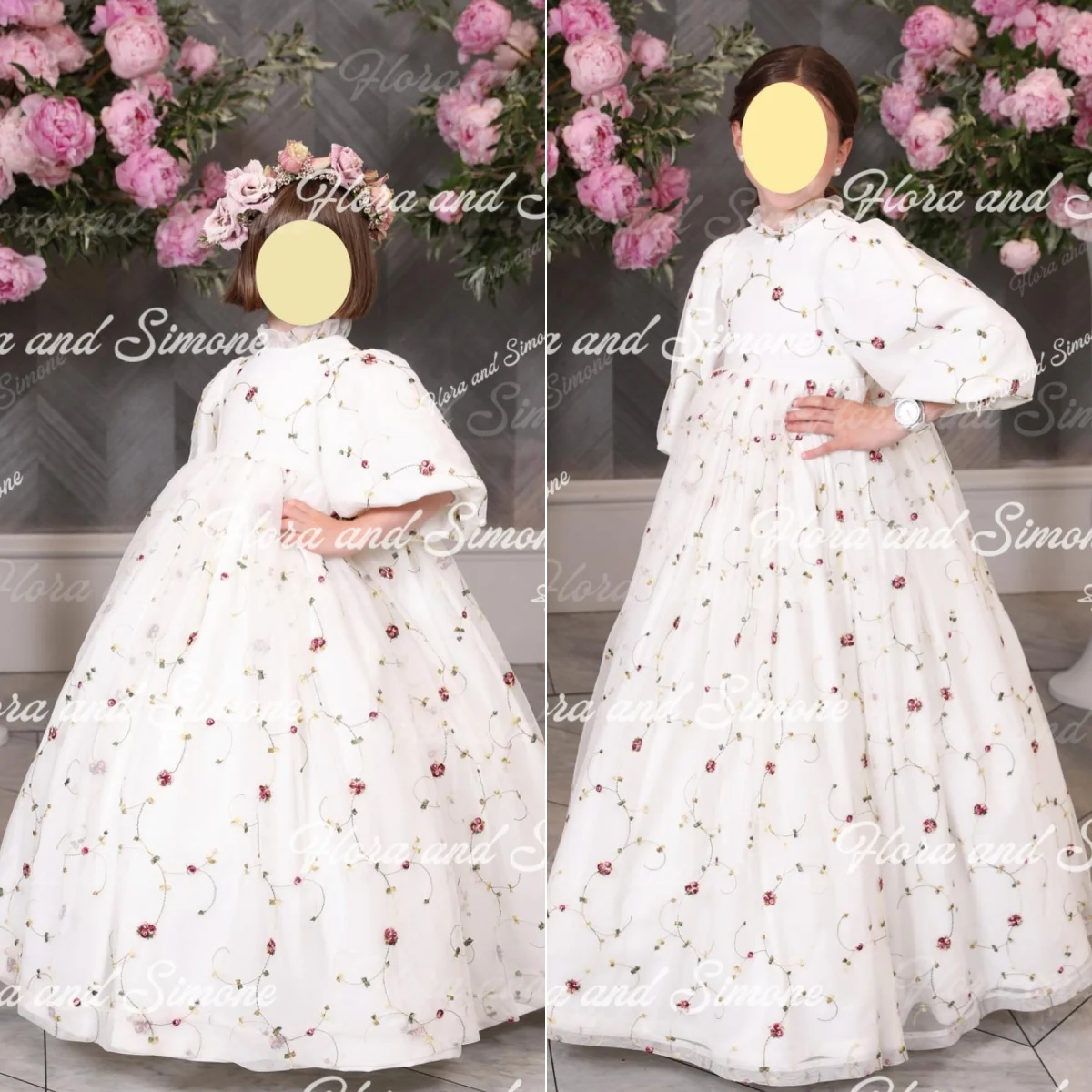 Geborduurde kanten bloemenmeisjesjurken voor bruiloft Elegante hoog getailleerde kinderfeestjurk Prinses communiejurk op maat