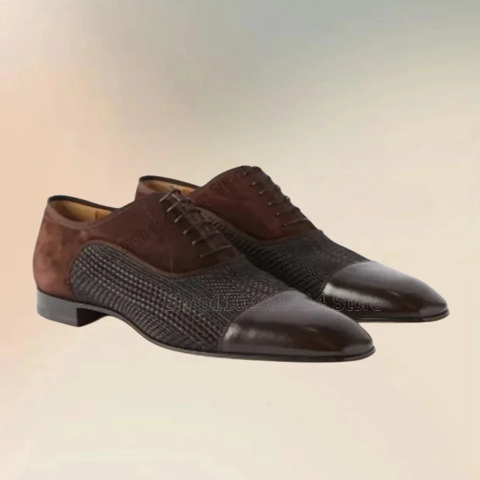 

Brown Patchwork Knitted Design Square Toe Loafers Fashion Lace Up Male Shoes Luxury Handmade Party Feast Office Men Dress Shoes