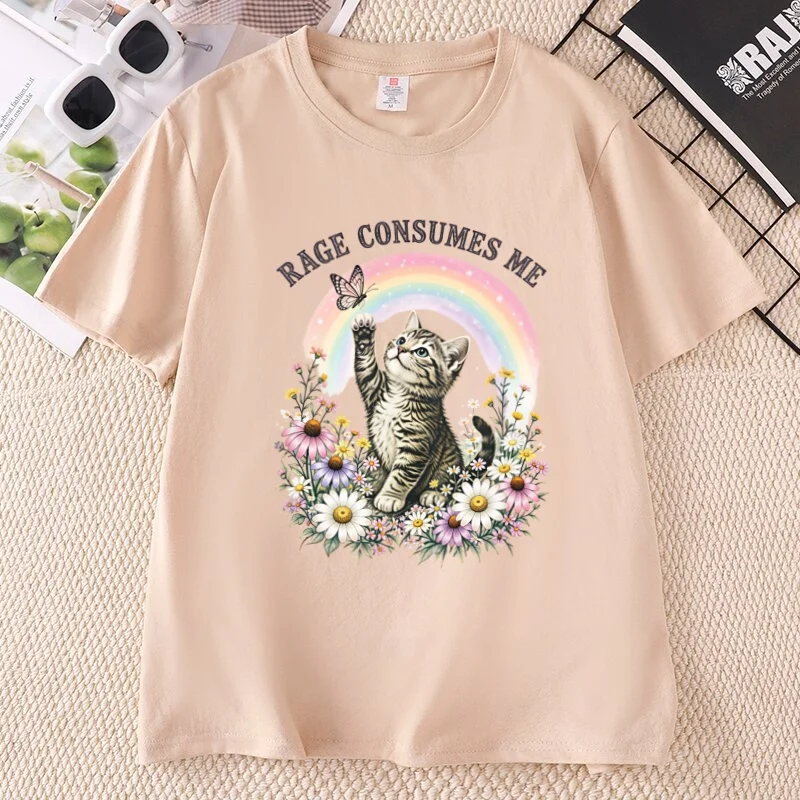 Vintage-T-Shirt „Rage Consumes Me“ mit lustigem Katzenmotiv, bedrucktes T-Shirt mit Blumenmuster, Regenbogen-Top für Damen, lässiges bedrucktes T-Shirt mit Rundhalsausschnitt – Detail 5