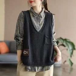 Vintage Women Knitted Sleeveless Sweaters Vest Spring Autumn New Fashion Loose Pullover V-Neck Korean Oversized Casual Tops 2023