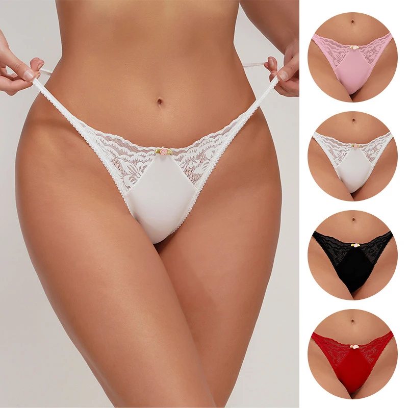 Women Sexy Lace Cotton Panties Low Rise Floral Perspective Thong Lingerie Woman Underwear Lenceria Mujer White Panty