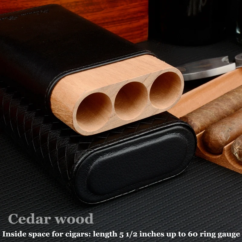 PU Leather Cigar Case Cedar Wood Tube Travel Cigar Box Mini Humidor Up to 60 Ring Large Size Cigar Holder Best Smoking Accessory