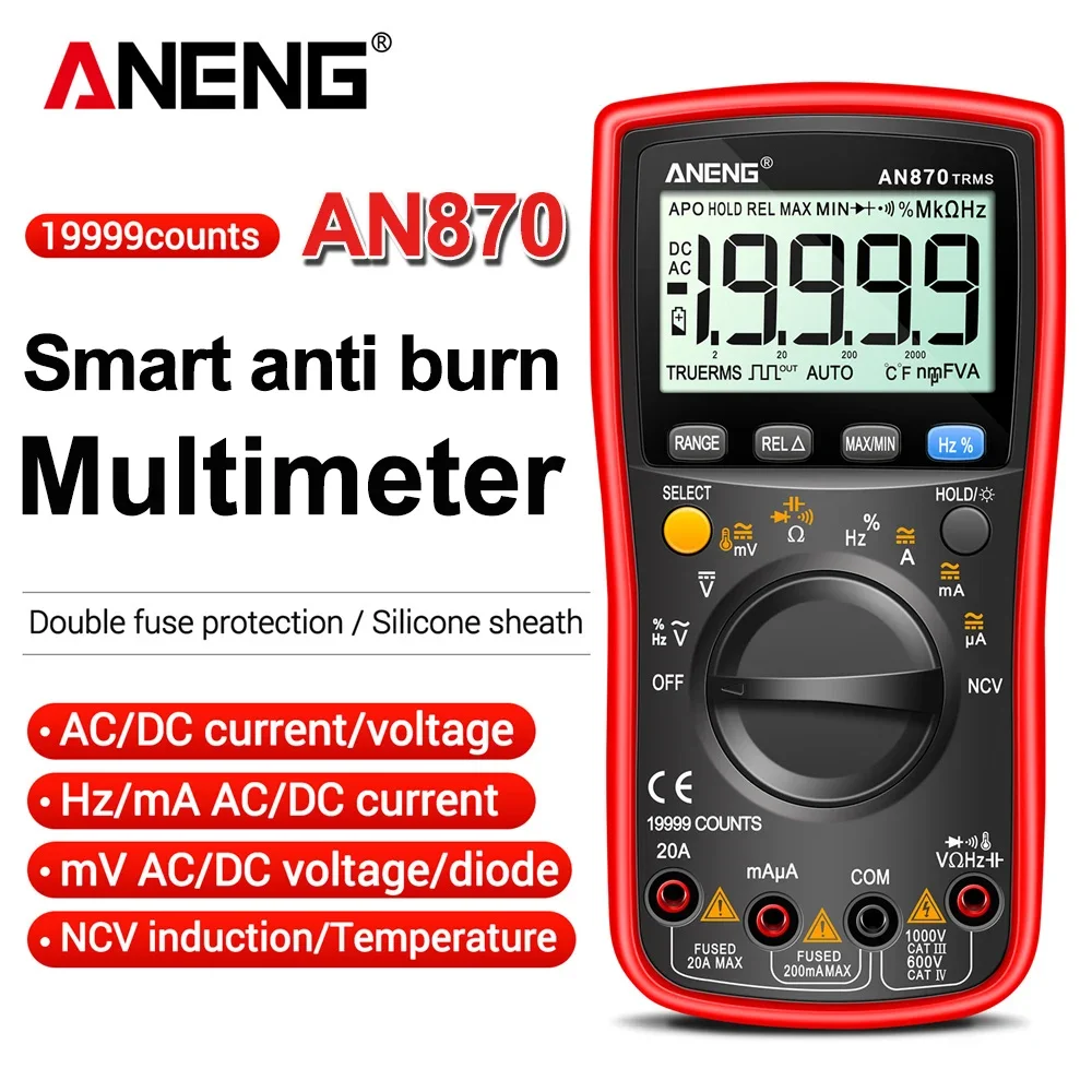 ANENG AN870 Smart Digital Multimeter, 19999 Counts, AC Voltage Tester, Current NCV Capacitance Resistance, Ohm Test Tool, Profes