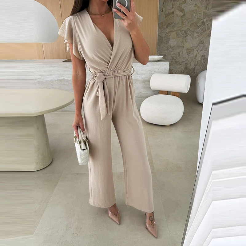 Moda jednokolorowe plisowane kombinezony na imprezę wiosna lato nowe proste pajacyki Lady Casual damskie kombinezony z wysokim stanem do dojazdów