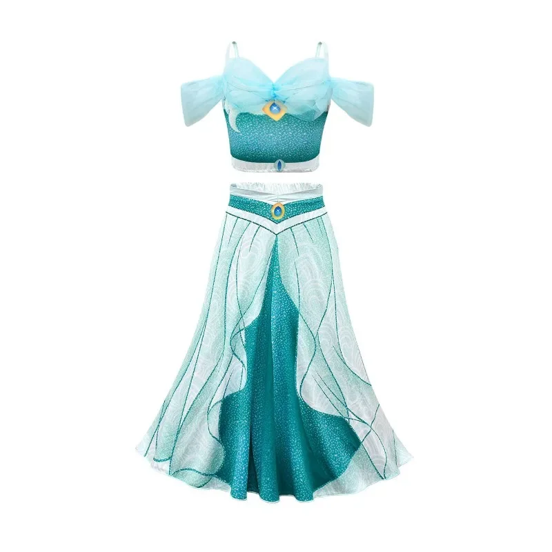 New Disney Jasmine Princess Dress Suit Birthday Party Cosplay Aladdin Magic Lamp Costume Halloween Clothing Set for Girls Gifts