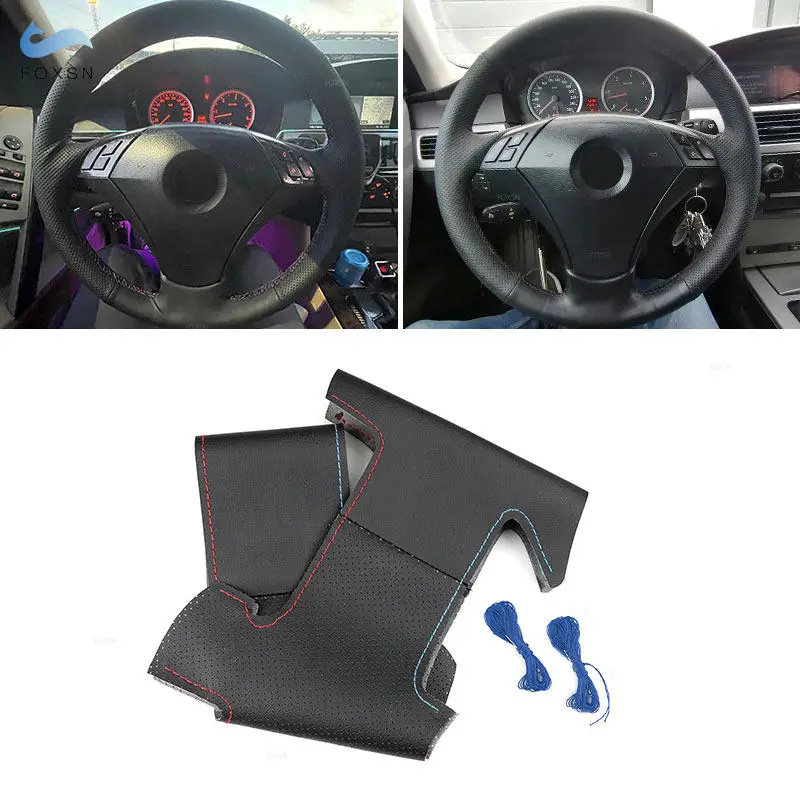 Car Steering Wheel Skin Cover Trim For BMW 5 Series E60 E61 2004 2005 - 2009 Black - red blue line Perforated Microfiber Leather
