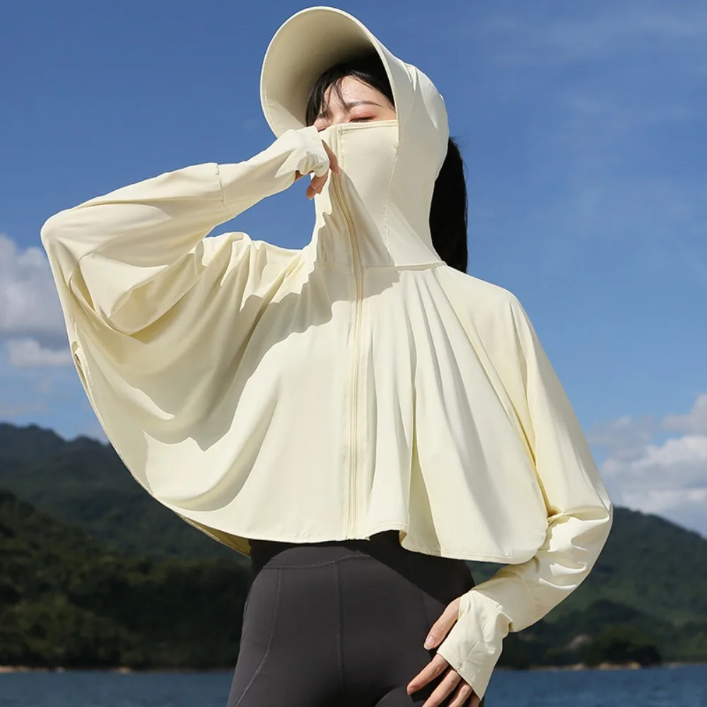 

Solid Color Sunscreen Hoodie Long Sleeve Large Brim Hat Summer Sunscreen Shawl Cloak UV Protection Ice Silk Short Jacket Sports