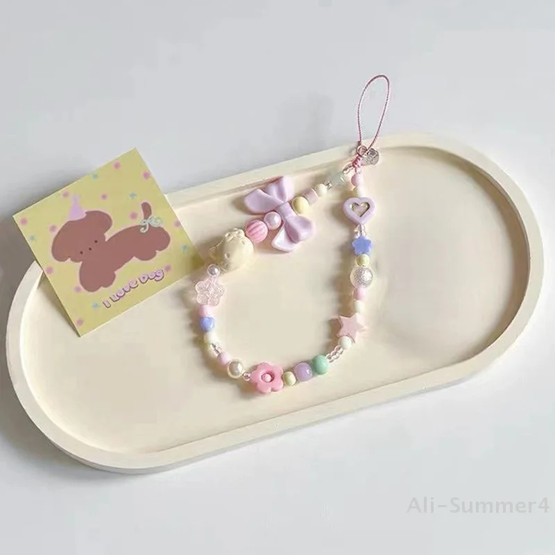 Różowy Łańcuszek do Telefonu z Kokardką z Perłami, Bransoletka Zapobiegająca Zgubieniu do Obudowy Telefonu, Pasek na Nadgarstek, Smycz CCD, Brelok do Telefonu, Przenośny Łańcuszek