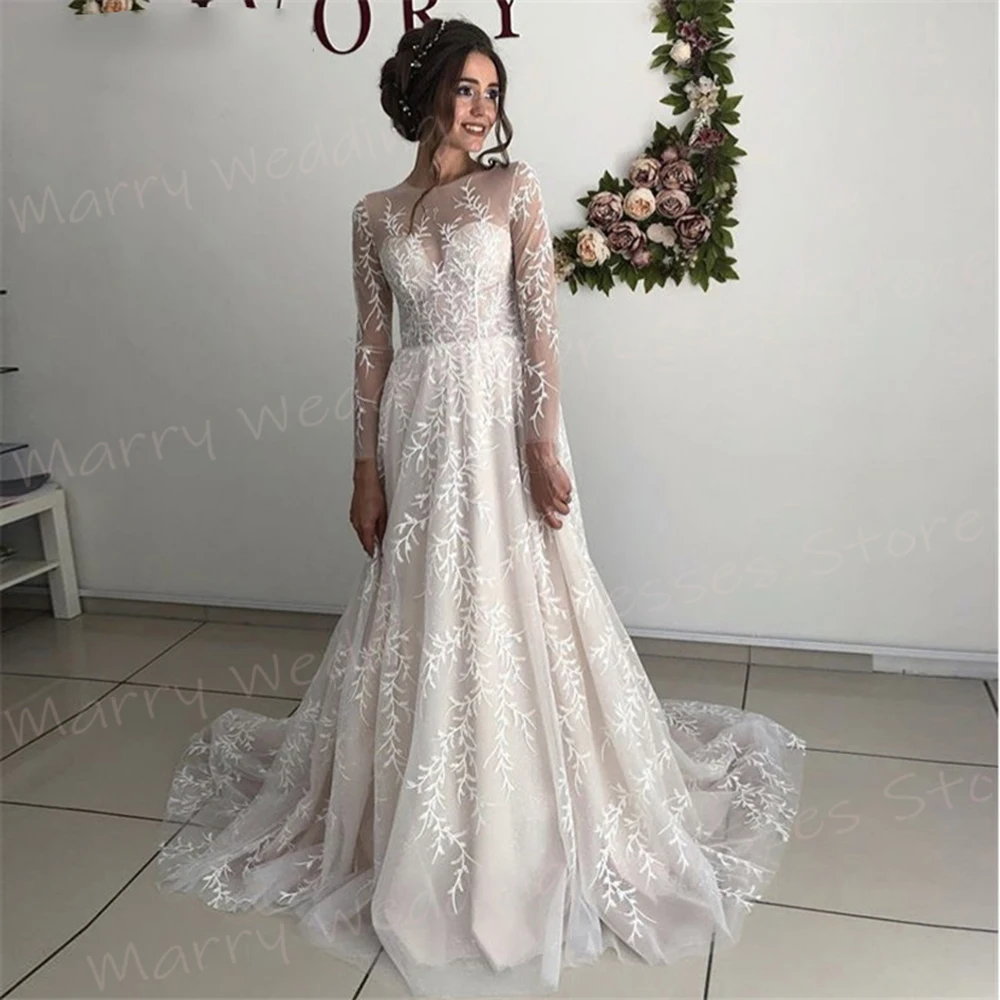 Classic Graceful O Neck A Line abiti da sposa da donna bellissime Appliques abiti da sposa in pizzo manica lunga Illusion Robe De Mariée