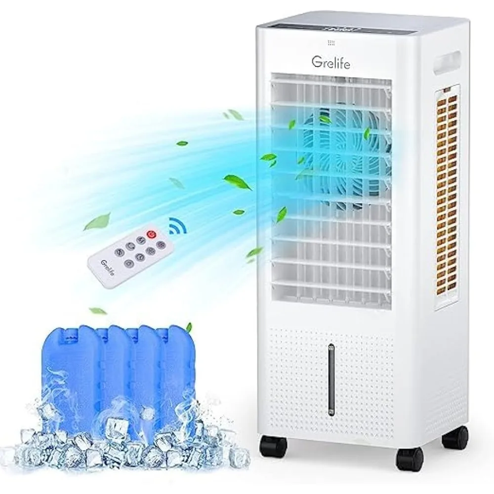 

Portable Air Cooler with Fan &Humidifier, Oscillation Swamp Cooler with 3 Wind Speeds, 3 Modes, 4 Ice Packs,