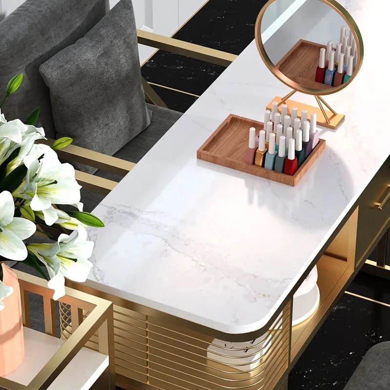 Italian Light Luxury Glass Nail Tables Gold with Drawer Manicure Tables Modern Salon Furniture Beauty Salon Table and Chair Set