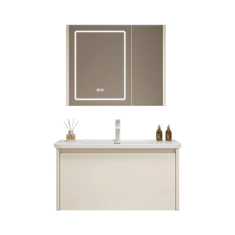

Cream wind stainless steel bathroom cabinet combination ceramic integrated basin toilet rounded corner washstand basin