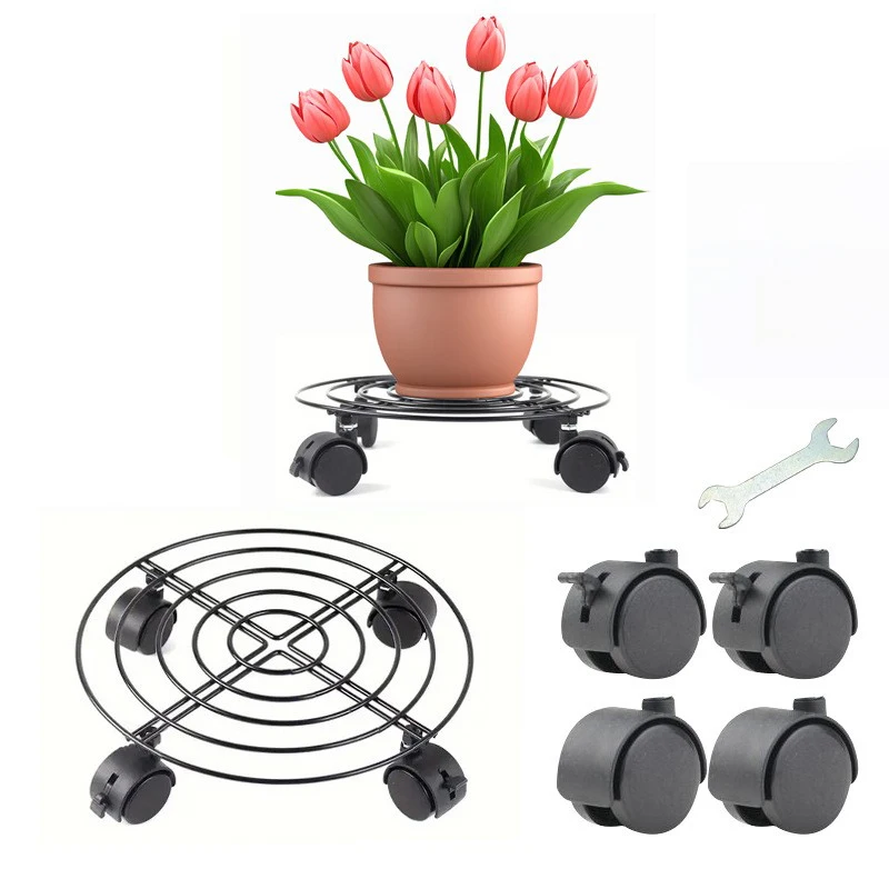 2-Pack of 5-Ring Flower Stands, Iron Art Mobile Flower Pot Trays, 27cm, Load Capacity 90kg