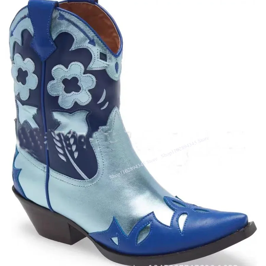 Blue Flower Pattern Mid Calf Boots Pointed Toe Chunky Heel Fashionable Cool Sexy Western Winter Woman Shoes Zapatillas Mujer