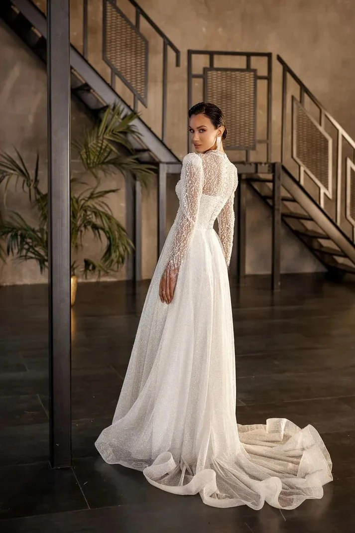 Customized Elegant Dreamy High Neck Sheer A-Line Wedding Dress Sparkle Beaded Floral Applique Light Tulle for Bridal Ceremony