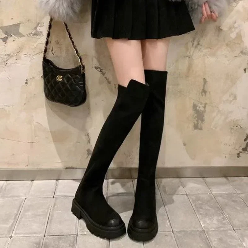 Women Flats Shoes Platform Pleated Chelsea Over The Knee Boots 2024 Winter Trend New Gladiator Suede Boots Goth High Sock Botas