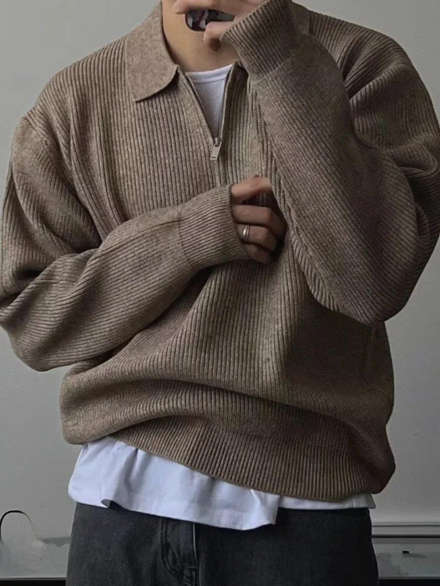 f Felpa con zip in lana lavorata a maglia Ne Casual Colletto rovesciato Abbigliamento da lavoro Sle per giovani uomini Primavera Autunno Stagione Lunga S...