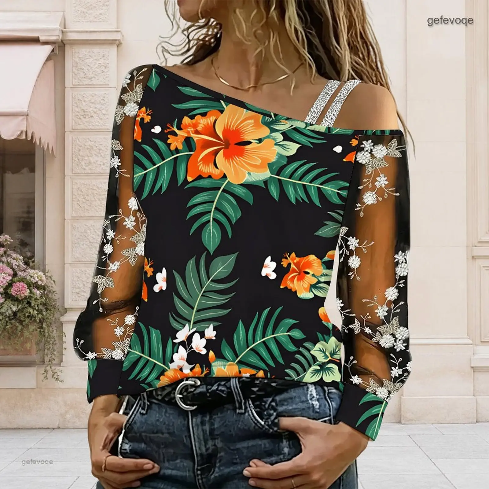 Women Off Shoulder Blouse Asymmetric One Shoulder Top Lace Floral Mesh Long Sleeve Sling Detail Loose Casual T Shirt