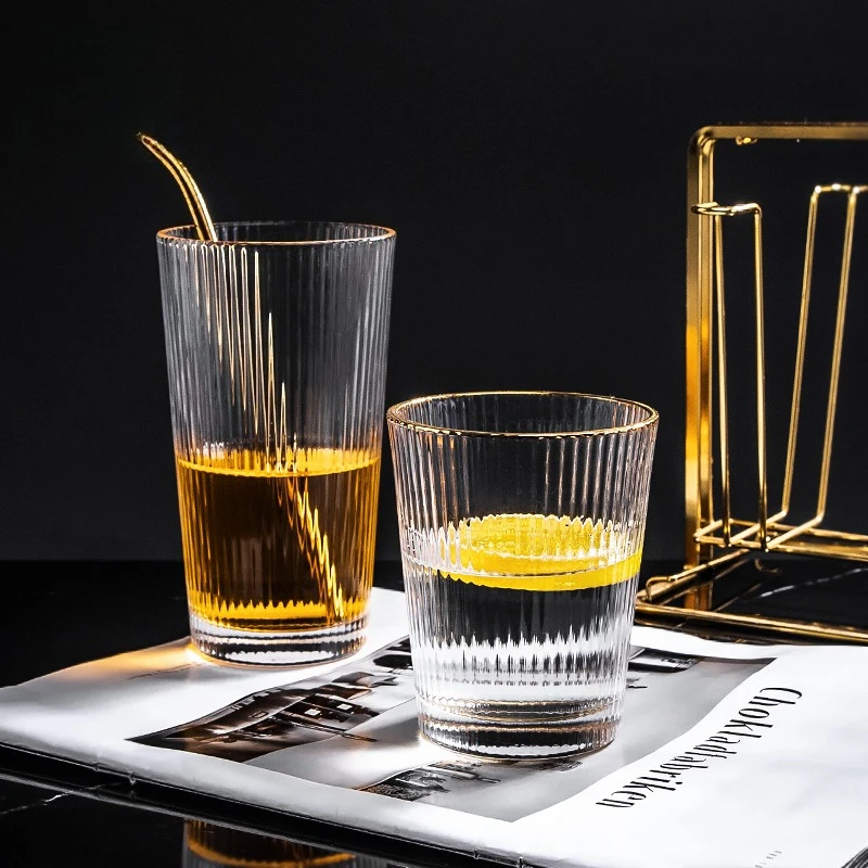European Vertical Striped Glass Cup for Juice Breakfast Gold Rim Dense Rim