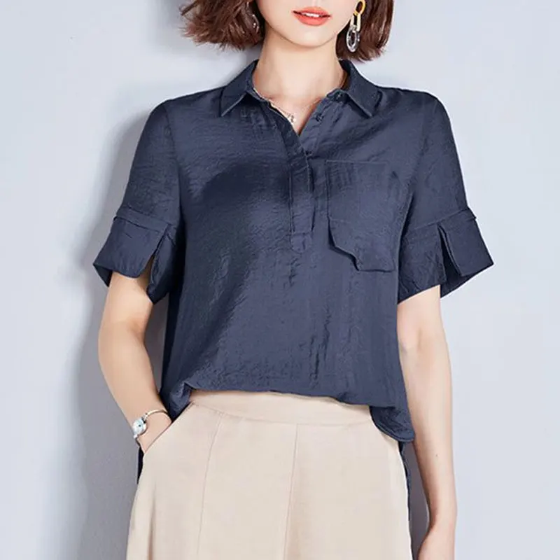 2023 Commute Solid Color Shirt Summer Stylish Patchwork Female Clothing Polo-Neck Casual Short Sleeve Korean Asymmetrical Blouse