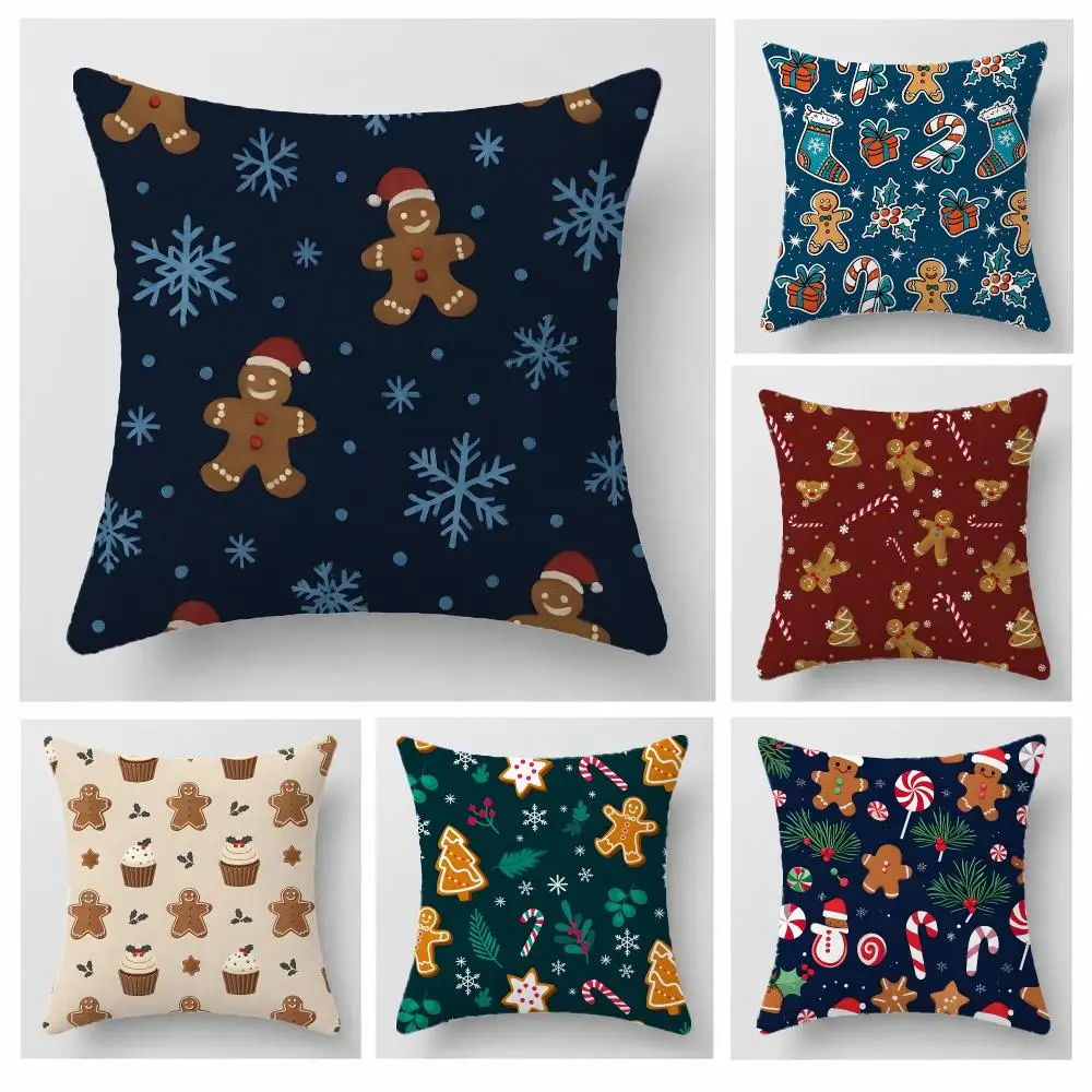 Cute Graphic Christmas Gingerbread Man Cushion Cover Short Plush Pillowcase, Sofa Bedroom Home Decor, Ideal Holiday Gift