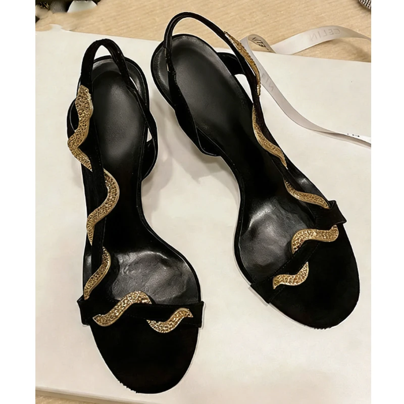 

Rhinestone Snake-Shaped Chain Stiletto Sandals Woman Summer 2026 Black Sexy Open Toe Slingback High Heels Shoes Party Evening