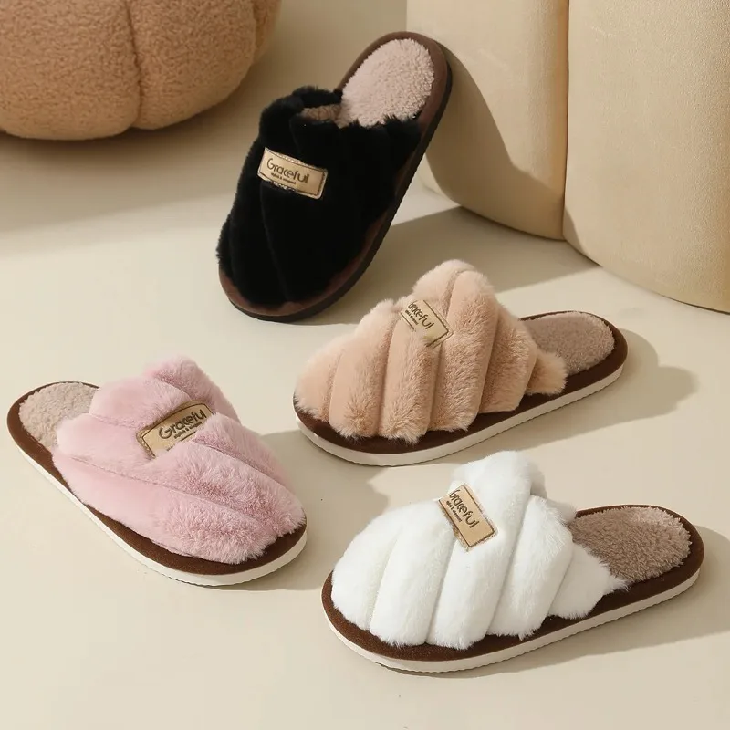 

Solid Color Flat Heel Slippers Women Indoor Bedroom Lightweight Comfort Non-slip Winter Lightweight Living Room Couples Shoes