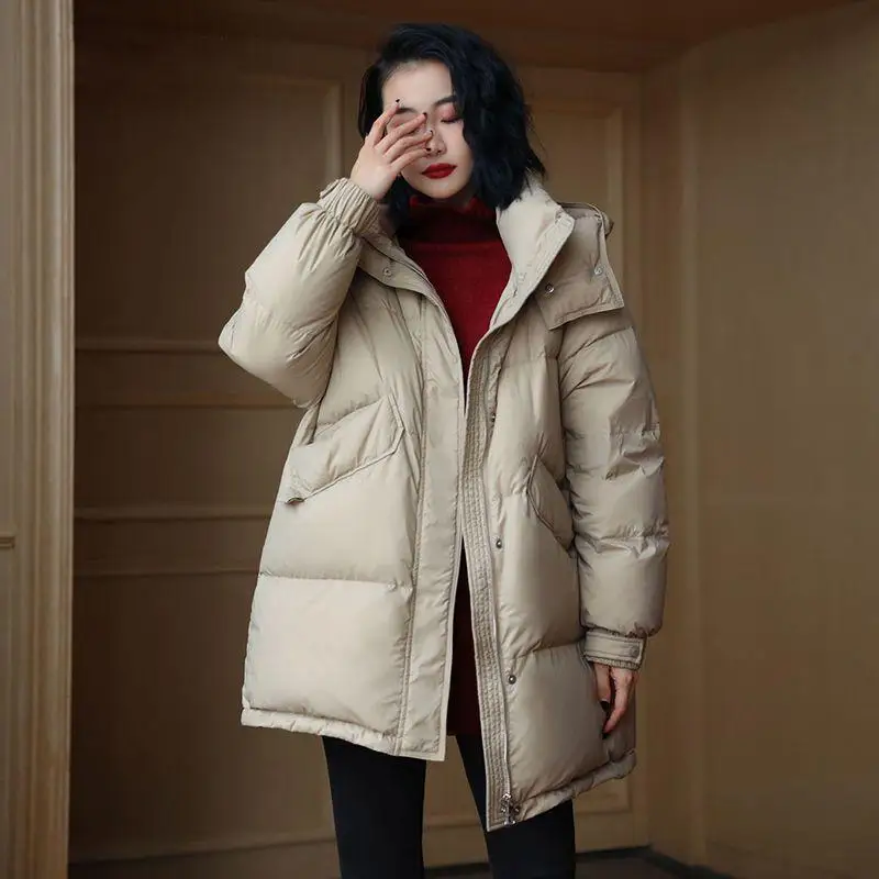 

Casual White Du down Jaet Hooded Mid-Length Women's Faionable All-Season Color Commuter Sle Korean Version