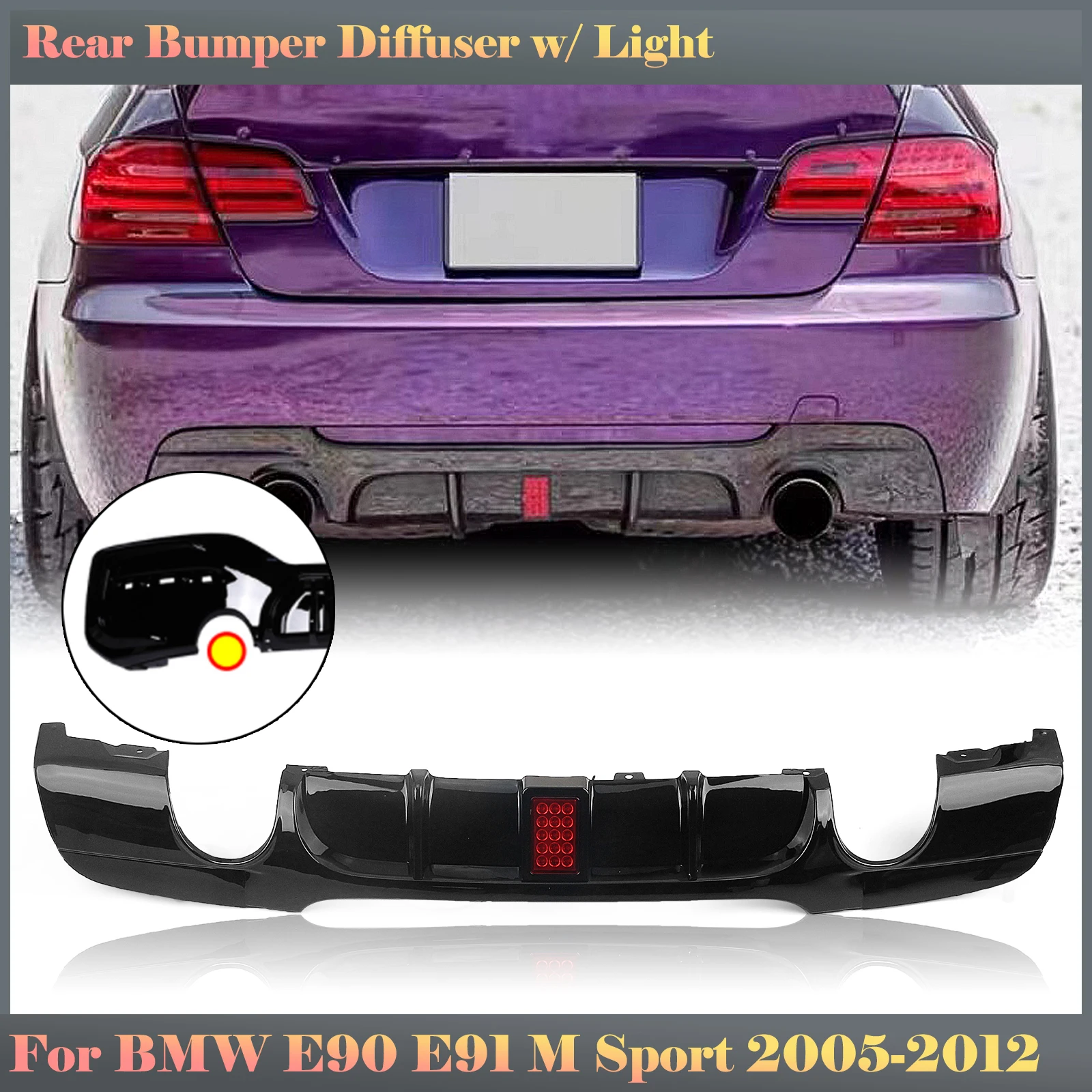 

Rear Bumper Diffuser Lip For BMW 3 Series E90 E91 M Sport 2005-2012 Glossy Black Car Dual Exhaust Splitter Spoiler With LED Lamp